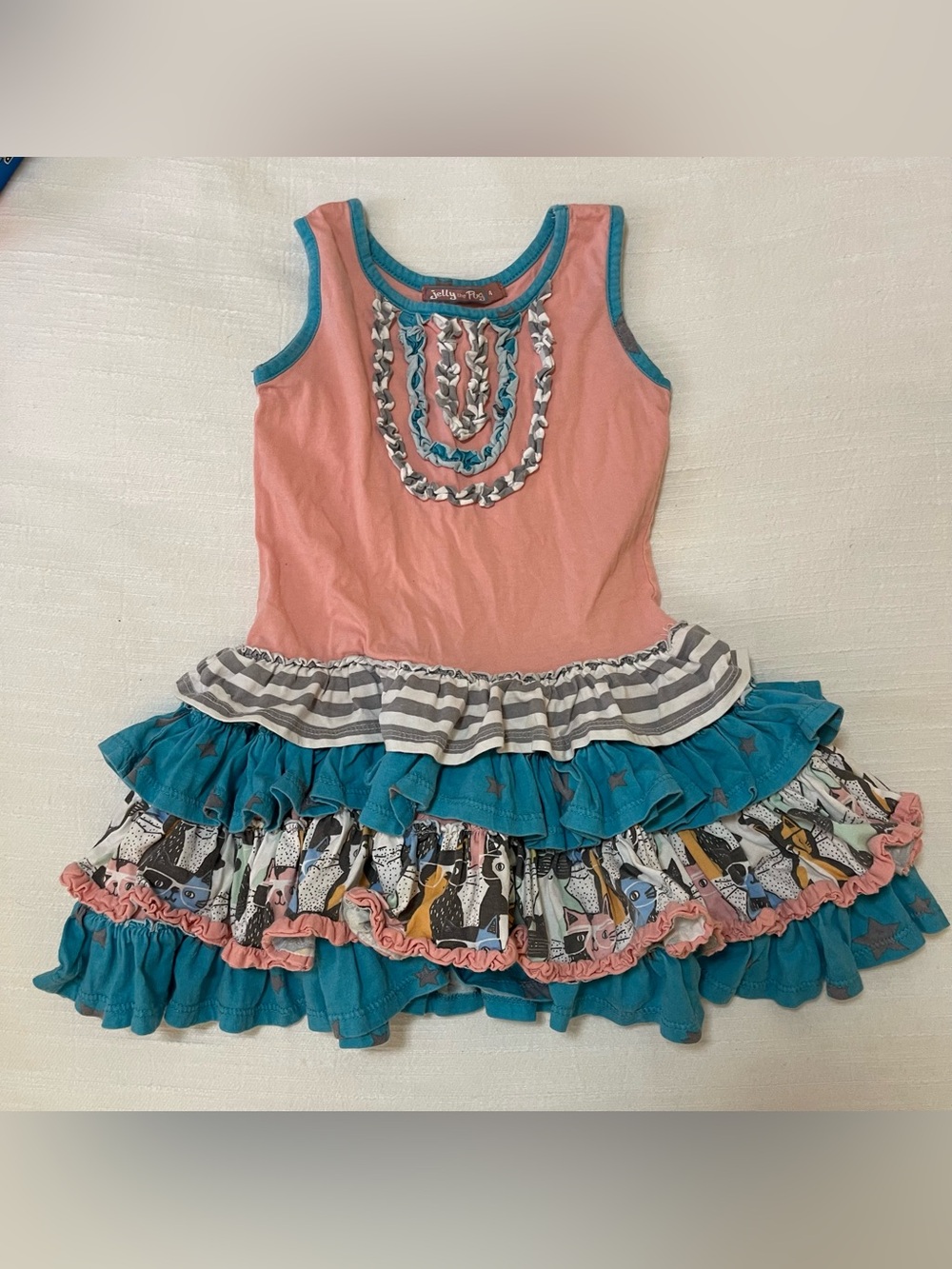 Jelly The Pug Coral Tank Dress with Teal Ruffle Skirt